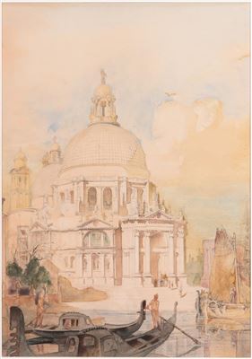 A Busy Venetial Vanal with the Santa Maria Maggiore and figures in the background