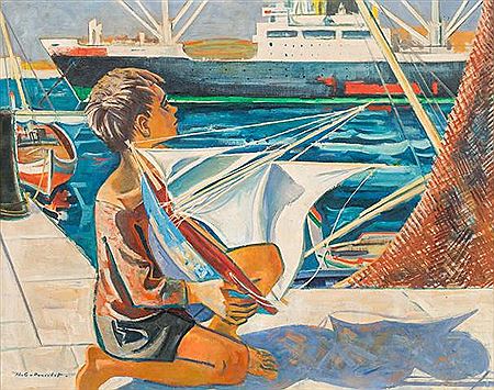 Jeune garçon et son voilier sur le port de Port-Vendres