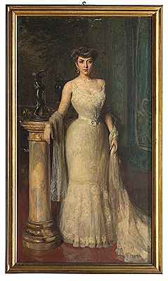 PORTRAIT OF A WHITE DRESSED GENTLEWOMAN IN INTERIOR WITH SCULPTURE