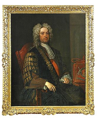 Portrait of Sir Robert Walpole (1676-1745) 1st Earl of Orford, seated, three-quarter length, in Chancellor's Robes, wearing the Insignia of the Order of the Bath and with the embroidered silk purse of the Chancellor's Seal seen on a table beside him by Charles Jervas - Auction record, sale price, and art valuation. Compare with similar artists and explore comparable artworks.