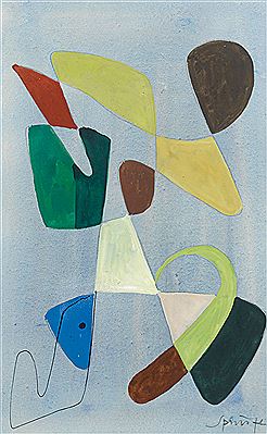 COMPOSITION SURREALISTE EN VERT, JAUNE, ROUGE ET BRUN, DE LA SERIE DU JOURNAL DE 1948