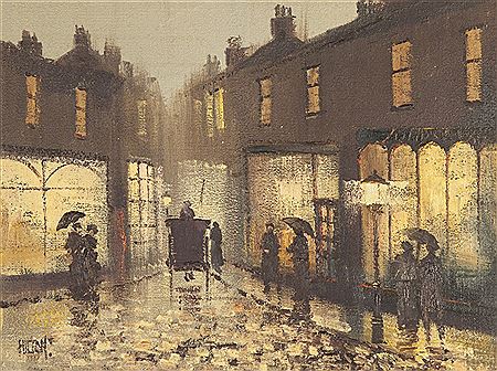 Bygone twilight street scene with figures and hansom carriage