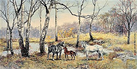 Three horse in the autumn woods