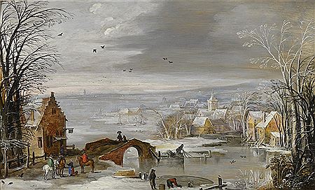 Paysage d'hiver à la rivière gelée avec cavaliers et paysans près d'un pont.