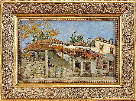 Houses and female figure