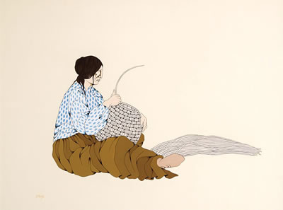 Sample artwork by Diane O'Leary (1935 - 2013), known for stylized indian domestic genre paintings, textiles, fiber art - View similar artists and auction records