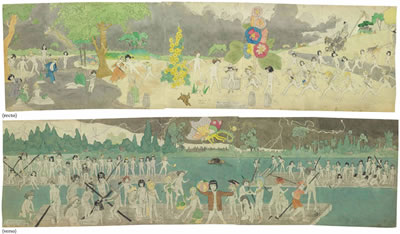 93 At Jennie Richee, are chaced for long distance by Glandelinians with blood hounds. / 95 At Jennie Richee, Escape down Aronburgs Run River through circle section in storm., double sided by Henry Darger - Auction record, sale price, and art valuation. Compare with similar artists and explore comparable artworks.