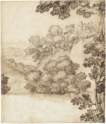 Buildings above a wooded lake