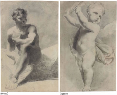 A seated male nude (recto); A standing putto holding up a book (verso)