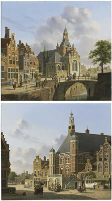 A Church along a Canal, Holland; and A Busy Town Square, Holland