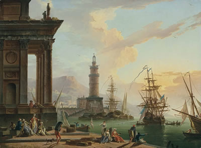 A Mediterranean port with elegant figures in oriental costume and fisherfolk on the shore, a Dutch man-o-war beyond