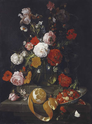 Roses, poppies, lillies and other flowers in a glass vase on a stone shelf, a peeled orange and raspberries in a Wan Li bowl on a stone ledge below by Cornelis De Heem - Auction record, sale price, and art valuation. Compare with similar artists and explore comparable artworks.