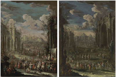 A capriccio of classical ruins with musicians and a country dance; and A capriccio of classical ruins and players performing the Commedia dell'Arte (2)