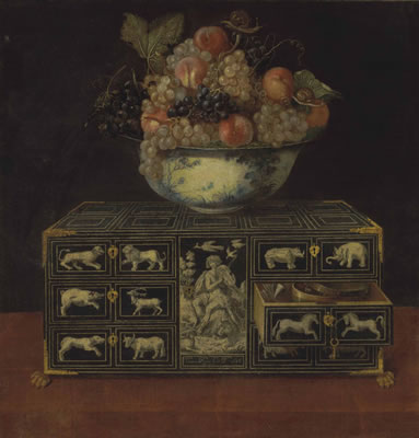 Grapes, peaches and a snail in a Chinese porcelain bowl atop a gilt and inlaid cabinet