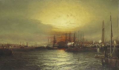 Sunrise from Chapman Dock and Old Brooklyn Navy Yard, East River, New York by Elisha Taylor (ET) Baker - Auction record, sale price, and art valuation. Compare with similar artists and explore comparable artworks.