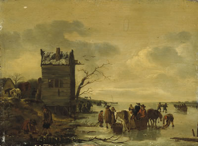 A winter landscape with townsfolk on the ice