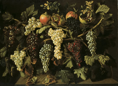 Red, green and black grapes and vines with pomegranates on a stone table