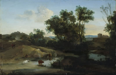 An Italianate landscape with figures and cattle by a pool