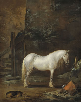 A grey horse tied to a hitching post before an inn by Pieter Cornelisz Verbeeck - Auction record, sale price, and art valuation. Compare with similar artists and explore comparable artworks.