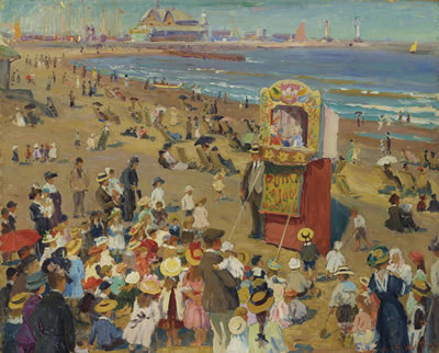 Punch and Judy on the Beach by William Samuel Horton - Auction record, sale price, and art valuation. Compare with similar artists and explore comparable artworks.