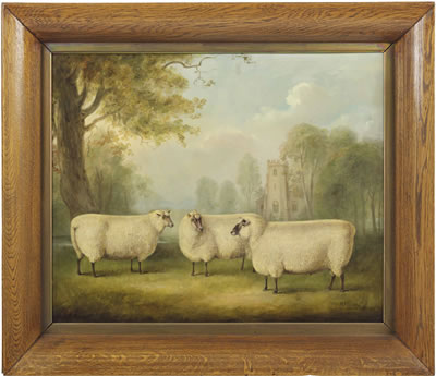 Sheep in a landscape with a church beyond