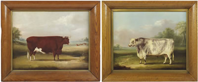 A prize bull in a landcape; and a prize cow in a landscape (2)