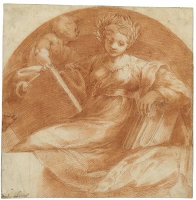 A seated sybil holding books and a tablet with a putto