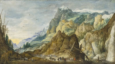 An extensive mountainous landscape with travellers