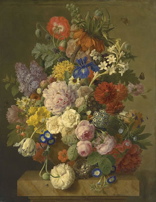 A Crown Imperial, roses, hyacinths, an iris and other flowers in a terracotta vase with a bird's nest on a plinth by Jan Frans Van Dael - Auction record, sale price, and art valuation. Compare with similar artists and explore comparable artworks.