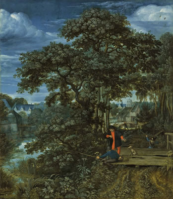 A wooded, river landscape with an angler