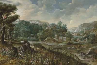 Allegory of Summer(?): an extensive landscape with peasants harvesting grapes and wine-making, a village beyond