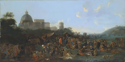 Figures feasting at a fair in Prati, outside the walls of Rome, with the Basilica di San Pietro and Monte Mario beyond