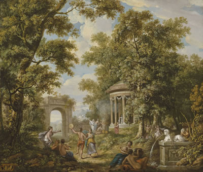 A bacchanal by a temple in a wooded landscape