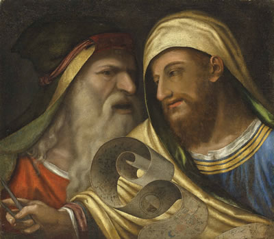 Two philosophers holding a scroll