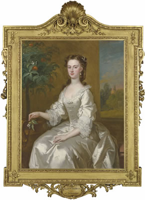 Mary, Countess of Delorain (1705-1737), three-quarter length, in a white dress by an orange tree, a landscape beyond