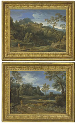 A classical landscape with figures on a road, a town beyond; and A wooded landscape with a lake and a man with his dog in the foreground