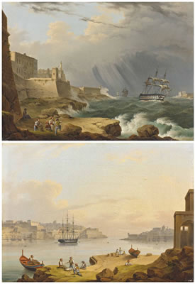 A British frigate rounding Senglea Point, Valletta, Malta during a storm; and Valletta harbour, Malta, with a fifty-two-gun fourth-rate ship at anchor