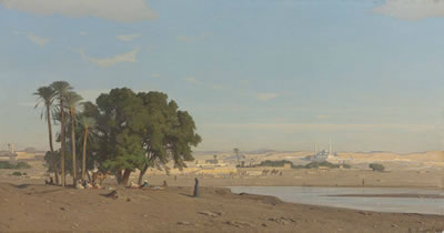 Figures by an oasis