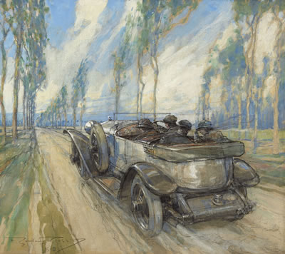 A Hispano-Suiza in a cypress avenue