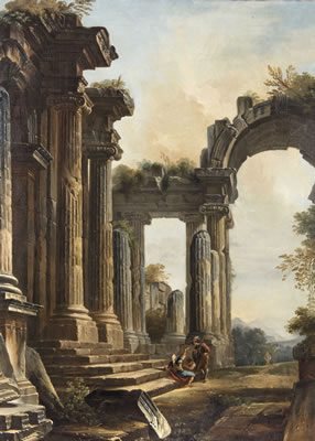 A capriccio of classical ruins with three men conversing