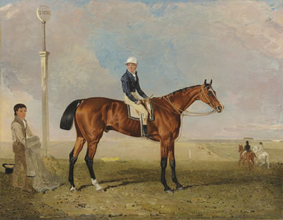 Mameluke', a bay racehorse, with Will Wheatley up, attended by a groom, Newmarket Heath beyond
