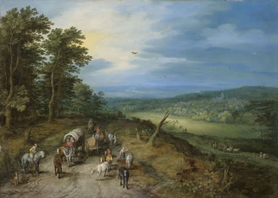An extensive wooded landscape with travellers on a road, a church in the distance