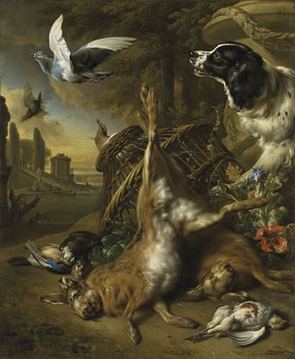 Dead hares, Jackdaws and a partridge with a spaniel upsetting a basket of pigeons, a lake and formal garden beyond