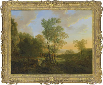 An Italianate wooded landscape with travellers
