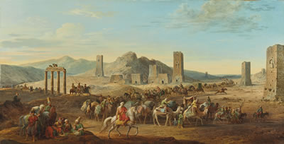 A desert landscape with travellers passing through the Valley of the Tombs, Palmyra