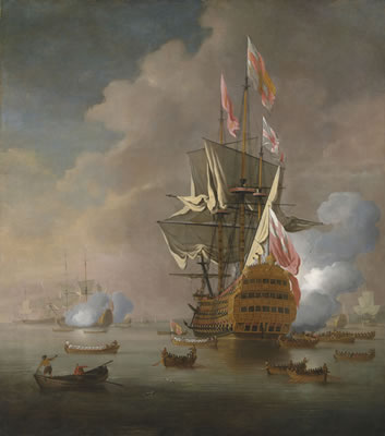 Her Majesty’s new flagship Royal Sovereign at the Nore and saluting the arrival of Prince George of Denmark for his first visit to the fleet since being appointed Lord High Admiral, 4th June 1702