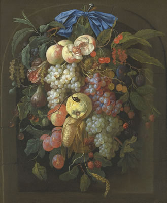 A festoon of fruit hanging from a bow-tied ribbon in a niche