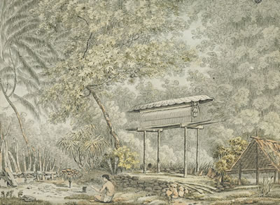 A Toopapao [tupapau] of a chief, with a priest making an offering to the Morai [Huaheine (Fare), Tahiti]