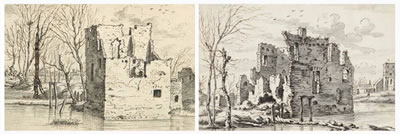 Ruines bordé d'arbres au bord de l'eau (recto-verso) (2)