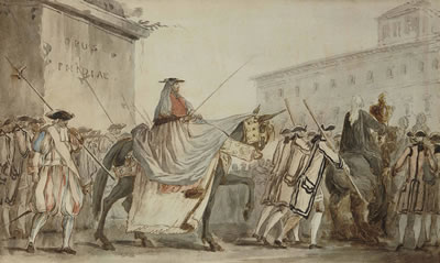 L’Entrée au Quirinal du cardinal Antonio Andrea Galli, Grand Pénitencier, durant le Carême de 1758 (recto); Esquisse du même sujet (verso)